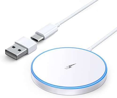 Magnetic Wireless Charger Duo – 15 W Fast Charging Pad with 20 W USB-C Adapter for i Phone 15/14/13/12 Pro/Max/Plus/Mini & Air Pods – Enhanced Mag-Safe Compatibility, 5 ft Charging Cable Included for Ultimate Convenience and Safety