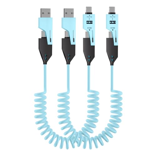 Versatile 4-in-1 Coiled USB C Cable – 4 ft – 65 W Fast Charging Solution for Phones, Laptops, and More – Durable Liquid Silicone Design in Pink – Tangle-Free Convenience, 2-Pack for Enhanced Compatibility and Speed