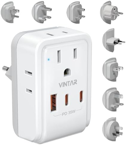 VINTAR All-in-One Global Travel Adapter: Ultimate Universal Power Converter with 4 AC Outlets & 3 High-Speed USB Ports (2 USB-C) – Enhanced Worldwide Compatibility for Europe, UK, Australia, Japan, and Africa – Must-Have Travel Accessory with Interchangeable Plug Attachments for Effortless Device Charging