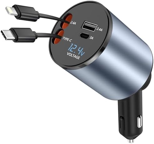 Paiholy 66 W 4-in-1 Retractable Car Charger – Dual USB Fast Charging Station with Dual i Phone Cables for i Phone 14/13/12/11 Pro Max/XS MAX and i Pad – Real-Time Voltage Display, Compact Design for Effortless Travel Convenience