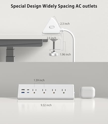 Ultimate Desk Clamp Power Strip with USB C – 4 AC Outlets & 4 Fast Charging USB Ports – 14 AWG Cord for Optimal Power – Secure Edge Mount Design Fits 1.96″ Tablets – Sleek Black Finish – Ideal Office & Nightstand Solution for Enhanced Productivity