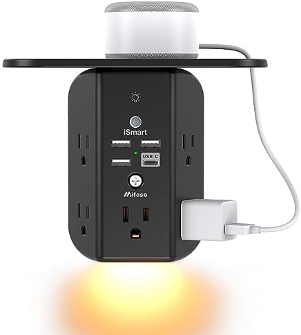 Revolutionary Wall Outlet Extender with Integrated Shelf & Adjustable Night Light – 5 USB Ports Including Rapid USB-C Charging, Surge Protection, and Compact Design for Enhanced Organization and Efficiency