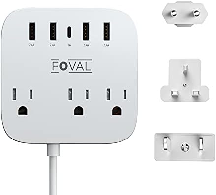 FOVAL All-in-One European Travel Plug Adapter with 4 Fast USB Ports & 3 AC Outlets – Ultimate Wall-Mount Power Strip with 5 ft Extension for Effortless Charging at Home, Office, and Travel Adventures