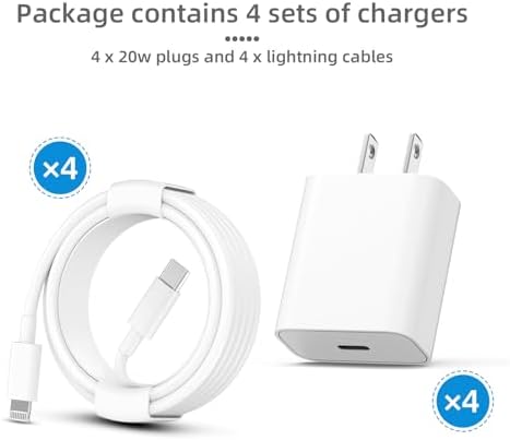 Ultra-Fast 20 W PD i Phone Charger Pack – MFi Certified USB-C Wall Charger Set with Four 6 FT Lightning Cables for i Phone 14, 13, 12, 11 Pro Max, XR, XS, X, i Pad & Air Pods Pro – Compact, Durable, and Versatile Charging Solution for Home and Travel
