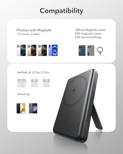 ESR Mag Safe 5,000 m Ah Portable Power Bank with Kickstand – Ultra-Slim 0.6 in Design, 15 W Qi2 Certified Fast Charger for i Phone 16/15/14/13/12 – Includes 20 W USB-C Charging Cable for Effortless Power On-the-Go