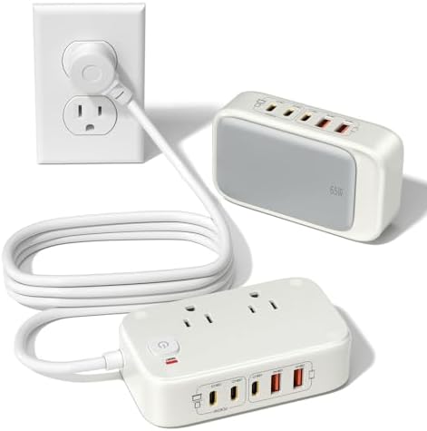 Ultimate 7-in-1 Power Strip with 65 W Ga N Technology | Flat Plug Design for Space-Saving | 3 USB-C & 2 USB-A Ports for Rapid Charging | 2500 W AC Outlet for Home, Office, College & Travel | Versatile Surge Protector for All Devices