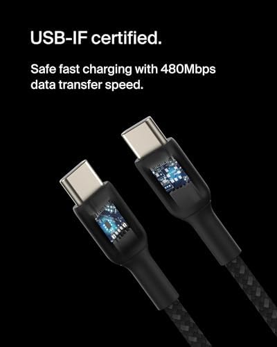 Belkin Boost Charge Braided USB-C to USB-C Cable – 1 m (3.3 ft) Durable Fast Charging Cable for i Phone, Galaxy, Nintendo Switch 2, i Pad Pro, and Pixel – Tangle-Free Design with 480 Mbps Data Transfer – Ultimate Universal Compatibility for All Your Devices