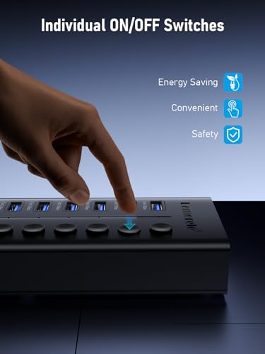 Lemorele 10-Port USB 3.0 Powered Hub – Ultimate 24 W USB Splitter with Individual LED Switches for Smart Device Management, Achieve 5 Gbps Data Transfer & 5 V Charging for Phones, Power Banks, and More – Ideal for Home Offices and Professionals Seeking Efficiency