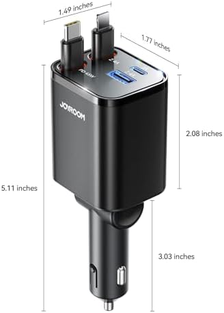 JOYROOM Ultra-Compact 84 W Retractable Car Charger – Fast USB-C Charging for i Phone 12-16 | Travel Essential Car Adapter for Quick Device Power-Up | Sleek Design, Tangle-Free Cable, Perfect Gift for Men & Women