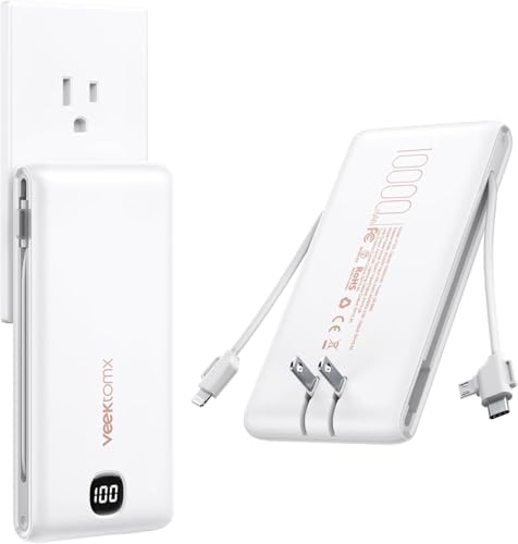 VEEKTOMX 20,000 m Ah Portable Charger with Built-in Cables and AC Wall Plug – Fast Charging Power Bank for i Phone 15/14/13 & Samsung Devices, Slim Battery Pack with LED Display for Ultimate Compatibility and On-the-Go Convenience