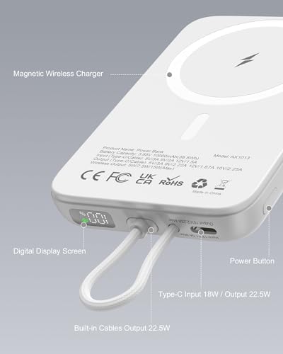 Asper X Mag Safe 10,000 m Ah Portable Power Bank – Dual Charging Solutions with 15 W/22.5 W Fast Charging, Smart LED Power Display, Built-in USB-C Cable & Compact Design for i Phone 16/15/14/13/12 & Galaxy S25 – Ultimate Travel Companion for Efficient Power Management
