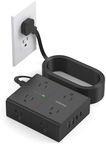 Versatile Surge Protector Power Strip with 8 AC Outlets & 4 USB Ports (2 USB-C), 6 Ft Flat Plug Extension Cord, 1080 Joules Safety Rating, Wall Mountable Charging Station for Home, Office, and Dorm – Streamlined Device Management & Fast Charging Enhanced