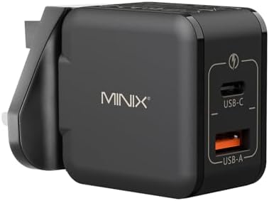 MINIX NEO P1 Mini 33 W Ga N Dual-Port Fast Charger – Ultra-Compact USB-C & Quick Charge 3.0 Adapter for i Phone 8-15, Galaxy S10-S21 & More – Essential Travel Charger with Advanced Heat Management for Efficient Multi-Device Charging