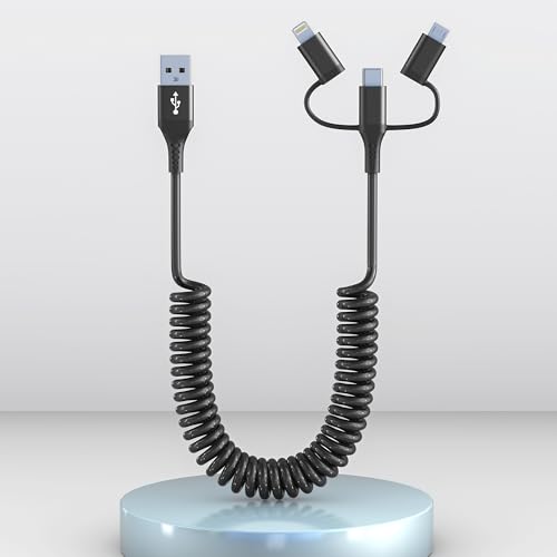 Versatile Coiled 3-in-1 Charging Cable: USB to Lightning, Type C, Micro USB – MFi Certified for Apple Carplay & Android Auto | Fast Charging & Data Sync for i Phone 16, 15, 14, 13 & Samsung Devices – Tangle-Free Travel Accessory