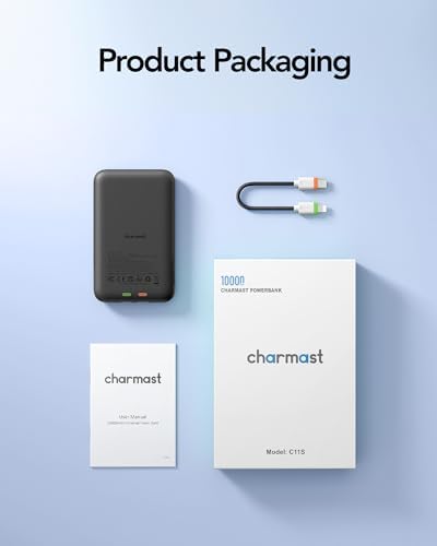Charmast 10000 m Ah Slim Power Bank – 20 W Fast Charging Portable Charger with Removable Cable for i Phone & Android – Lightweight Hand-Free Battery Pack with Digital Display for Effortless Travel Convenience