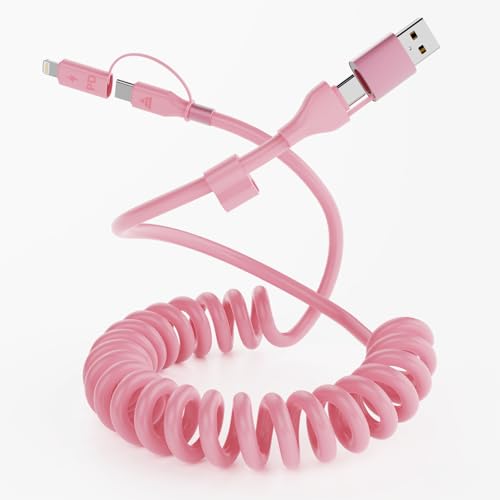Versatile 4-in-1 Coiled USB C and Lightning Cable for i Phone 15 and 16 – 3 FT Fast Charging Car Charger Cord with 60 W Power Output, Stylish Pink Design, Compatible with Car Play and Android Auto for Ultimate Convenience and Enhanced Connectivity