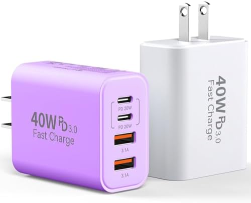 40 W USB C Charger Block – Dual Pack of 4-Port Fast Charging Power Bricks with PD & QC 3.0 Technology for i Phone 16/15/14/13/12/11 Pro Max, i Pad, Galaxy, Pixel – Sleek White & Blue Design for Convenient Multi-Device Charging
