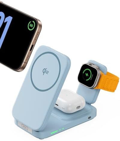 Ultimate INIU 3-in-1 Magnetic Wireless Charging Station for Apple Devices – 15 W Fast Charger for i Phone 16 Pro Max, 15, 14, 13, 12, Compatible with Apple Watch Series 10/9/8/SE/Ultra & Air Pods 4/3/2/Pro – Travel-Friendly Foldable Design for Effortless Portability and Enhanced Device Compatibility