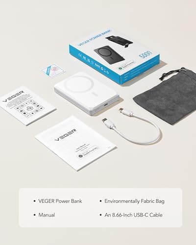 VEGER 5000 m Ah Magnetic Wireless Power Bank – 6-in-1 Multi-Functional Portable Charger with Fast Charging for i Phone 16/15/14/13/12 Series – Sleek Design, Built-in Card Slots, GPS Tracking & Multi-Angle Stand – Ideal for Travel, Work & Daily Use – Durable & Airline Safe Power Solution