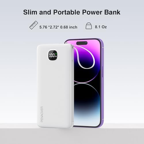 Ultra-Slim 10000 m Ah Fast Charging Power Bank with Built-In Cables & AC Plug – Versatile 5 Output USB-C Portable Charger for i Phones, Samsung, Android & More – Perfect for Travel & On-the-Go Power Solutions