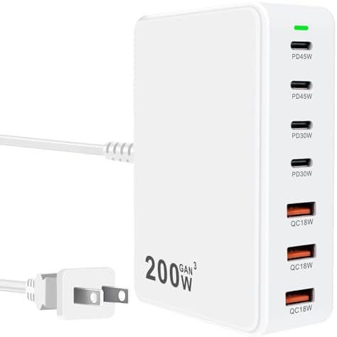 200 W Ga N 7-Port USB Fast Charger Hub – High-Speed Multi-Device Power Adapter for Mac Book, i Phone 15/16, DELL, and i Pads – Compact Charging Station with Smart Charging Technology for Enhanced Compatibility and Efficiency