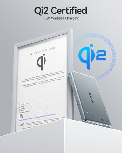 Ultra Slim 5000 m Ah Magnetic Power Bank for i Phone 16, 15, 14, 13, 12 – Qi2 Certified Portable Charger with 20 W PD Fast Charging & 15 W Wireless Capability – Lightweight Design for Effortless On-the-Go Charging – Advanced Safety Features for Device Protection