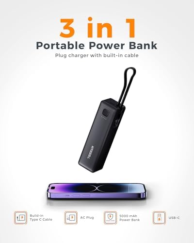 TESSAN 3-in-1 Portable Power Bank Charger – 20 W Fast Charging with Built-In USB-C Cable, 5000 m Ah Capacity, AC Outlet Compatibility for i Phone 16/15, Samsung, and Tablets – Ultimate Travel Charging Solution for Dual Device Power Needs