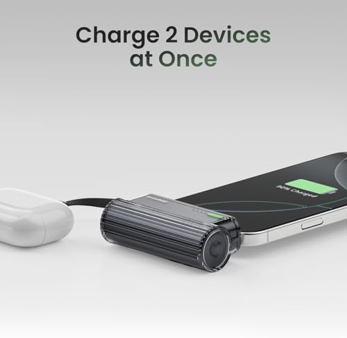 Ultra-Compact 5000 m Ah Flow Mini Power Bank – Versatile Portable Charger with Changeable Plugs, Built-in Cable & Dual USB-C Outputs for Seamless Compatibility with i Phone 16/15/14/13, i Pad, Galaxy S24/23 Ultra – Ideal for On-the-Go Charging