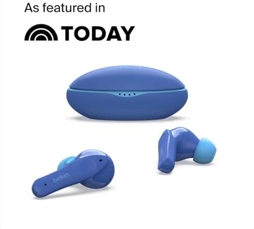 Belkin Soundform Nano Kids Bluetooth Earbuds – Stylish Blue Design with 85 d B Volume Limiting for Safe Listening, 24-Hour Battery Life, Integrated Microphone for Online Learning and Calls, Compatible with i Phone, i Pad, Galaxy & More – Comfort Meets Durability for Young Audiophiles