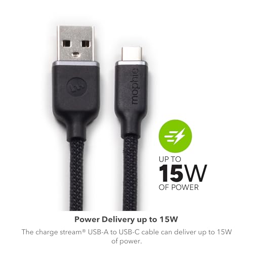 Mophie Charge Stream 3 ft USB-A to USB-C Cable – Advanced Braided Durability, Flexible Silicone for Tangle-Free Use, Rapid 15 W Charging, Travel Strap for Ultimate Portability – Versatile Compatibility for All USB-C Devices