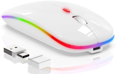 Sleek LED Bluetooth Wireless Mouse for Mac & PC – Rechargeable, RGB Light-Up Design with Dual Connectivity (BT5.2 + 2.4 G USB) – Slim, Portable Mouse with Jiggler Function for Work & Play – Enhanced Performance & Style in White