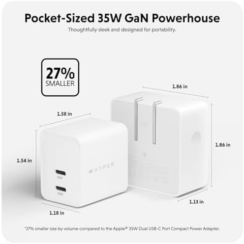 Compact Hyper Juice 35 W Dual Port USB-C Charger Block – Lightning-Fast Ga N Technology for i Phone, i Pad, and Mac Book – Charge 2 Devices Simultaneously with Maximum Compatibility and Safety – Travel-Ready, Pocket-Sized Power Adapter with Foldable Plugs – Experience 50% Battery in Just 30 Minutes – Ideal for Home, Office, and On-the-Go Charging Solutions – Unmatched Durability and Performance in a Minimalist Design