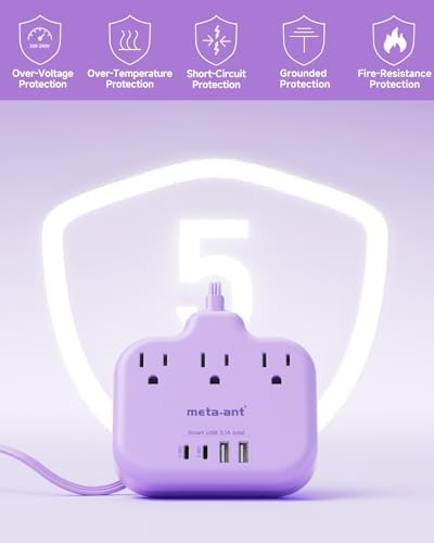 Stylish Brown Travel Power Strip with 5 Ft Cord – Compact Extension Solution Featuring 3 AC Outlets & 4 USB Ports (2 USB-C) for Rapid Charging – Ideal Desk Accessory for Tan Wood and Walnut Grain Décor – Maximize Functionality & Aesthetics in Any Space