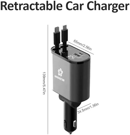 High-Power 4-in-1 Retractable USB C Car Charger – 120 W Fast Charging Adapter with 2.6 ft Type C Cable, QC 3.0 & PD 3.0 Compatibility for i Phone 12/13/14/15, Samsung Galaxy, i Pad, Google Pixel & More – Compact & Safe Charging Solution for On-the-Go Power Needs