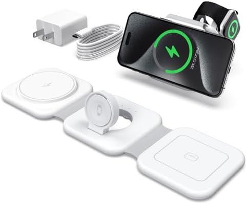 15 W Fast 3-in-1 Wireless Foldable Charger – Magnetic Charging Station for i Phone 16, Apple Watch Series & Air Pods Pro – Portable Travel & Desk Solution with Enhanced Compatibility and Sleek Design