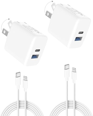 20 W Dual-Port Fast Charger for i Pad: Rapid Charging Solution with 6.6 ft USB-C to Lightning Cable – Compatible with i Pad 9/8/7/6/5, i Pad Air 2/3, i Pad Mini 3/4/5, Compact & Portable Foldable Wall Adapter for Dual Device Charging