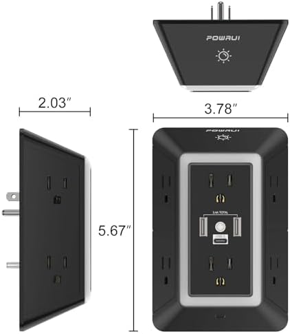 POWRUI 6-Outlet Surge Protector with 3 USB Ports (1 USB-C) and Integrated Night Light – Space-Efficient Power Strip for Home & Office – ETL Listed for Ultimate Safety and Fast Charging – Versatile 3-Sided Design with Adapter Spaced Outlets for Large Plugs – Streamline Your Charging Needs with Enhanced Compatibility and Reliability