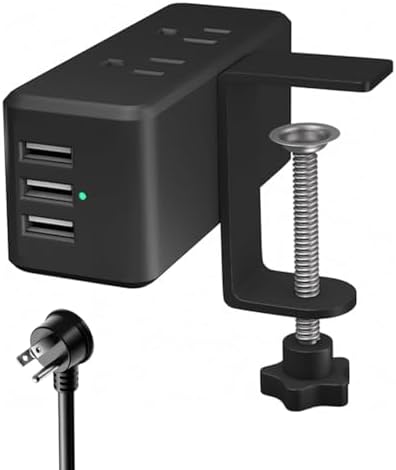 Elevate Your Workspace with the Meeoueoiu Compact Desk Edge Clamp Power Strip: 6 AC Outlets & 3 USB-A Ports for Seamless Charging, Perfect for 2.4″ Tabletops – 6.56 ft Extension Cord, Sleek Black Design for Home & Office Efficiency
