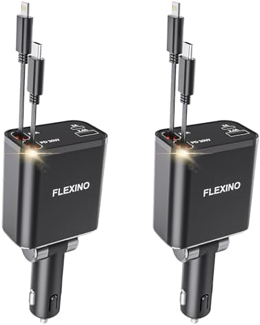 Flexino 69 W Retractable Car Charger for i Phone 16 & Galaxy – Dual USB-C Fast Charging Adapter with 2.6 ft Cords for Seamless Road Power – Compact, Stylish, and Versatile Car Charger Accessory for All Devices
