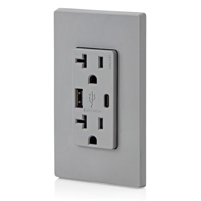 Leviton Dual USB In-Wall Charger with 20 A Tamper-Resistant Outlet – Type A & Type-C Compatibility for Smartphones and Tablets, Light Almond Finish – Streamlined Charging Solution for Home and Office Spaces