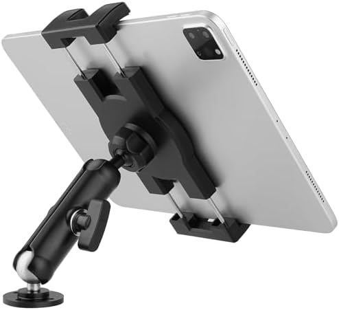 Heavy-Duty Aluminum Tablet Holder with Drill Base for Cars, Trucks, and Boats – Universal Mount for 4″-12.9″ Devices – Enhanced Stability, 360-Degree Rotation, and Large Case Compatibility for Safe Hands-Free Use