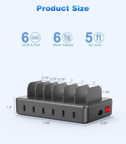 Ultimate 50 W Multi-Device Charging Station with 6 USB Ports & Cables – Space Gray Fast Charging Dock for i Phone, i Pad, Kindle, and More | Efficient Power Hub for Home, Office & Travel – Compact Design with Safety Features