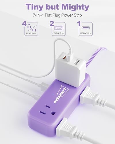 Sleek Flat Plug Power Strip with 5 Ft Extension Cord – 4 AC Outlets & 3 Fast-Charging USB Ports (5 V/3.4 A) – Compact Travel-Friendly Power Solution for College Dorms, Home Offices, and On-the-Go Charging – Maximize Space and Connectivity