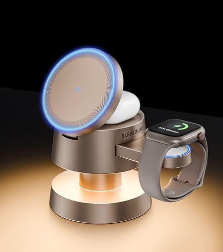 Sleek 4-in-1 Wireless Charging Station with Night Lamp – Fast Aluminum Alloy Charger Dock for i Phone 16/15/14/13/12, Apple Watch & Air Pods – Multi-Device Convenience in Stylish Grey Finish – Ideal for Decluttering Nightstands and Workspaces