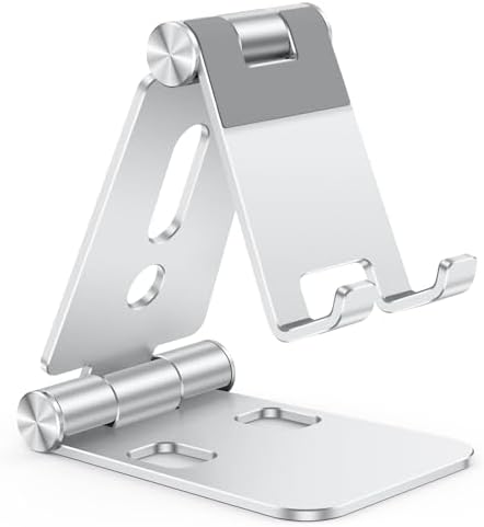 OMOTON Foldable Cell Phone Stand, C4 Portable Aluminum Phone Holder, Adjustable Phone Dock Cradle Compatible with iPhone 16/15/14/13 Pro Max, Samsung Galaxy, Small Tablets, All Smart Phones, Silver – Enhanced Compatibility and Speed