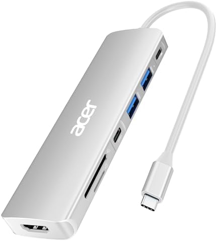 Acer 7-in-1 USB C Hub with 4 K HDMI Splitter – Ultimate Connectivity Solution for Laptops & PCs – Fast 5 Gbps Data Transfer, PD 100 W Charging & SD Card Reader – Transform Your Workspace with Enhanced Performance and Versatility