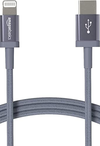 Amazon Basics 6-Foot Nylon Braided USB-C to Lightning Charger Cable – Fast Charging Power for i Phone 14/13/12/11/X/XS Pro/Pro Max/Plus – MFi Certified Durability in Dark Gray – Optimal Performance for Apple Devices on the Go