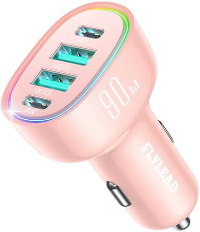 90 W 4-Port USB C Car Charger for i Phone 16/15/14/13/12 Pro Max – Fast Family Travel Charging Solution – Sleek Pink Cigarette Lighter Adapter for Multiple Devices – Ultimate On-the-Go Power for Road Trips and Adventures