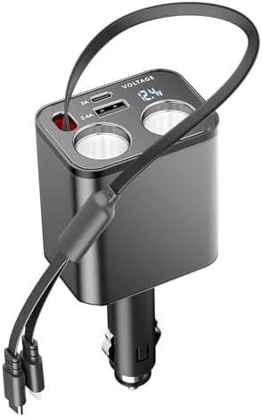 Paiholy Advanced 5-in-1 Retractable Car Charger with Dual USB Ports and Dual Cigarette Lighter Outlets – 159 W Fast Charging Solution for i Phone and All Car Electronics – Clutter-Free Design for Ultimate Travel Convenience