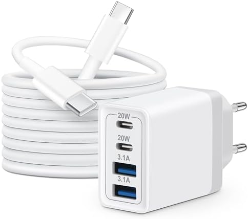 Ultimate European Travel Plug Adapter with 4 USB-C Fast Charging Ports and 10 FT Type C Cable – High-Power 40 W Wall Charger for i Phone 16/15 Pro Max and Samsung S24/S23 – Seamless Power Solution for Your European Journey
